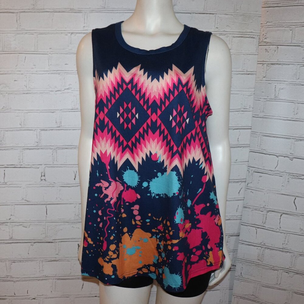 🎨🌊🌺 Boutique Blouse · Navy & Color Splash · Size XL
